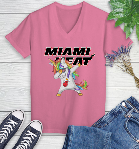Miami Heat NBA Basketball Funny Unicorn Dabbing Sports Women's V-Neck T-Shirt 13