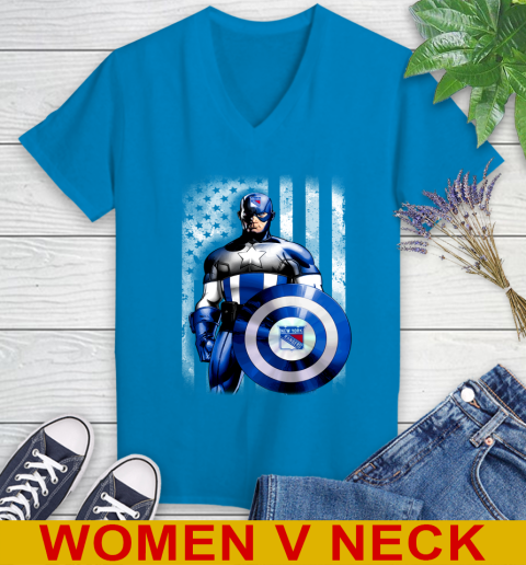 New York Rangers NHL Hockey Captain America Marvel Avengers American Flag Shirt Women's V-Neck T-Shirt 7