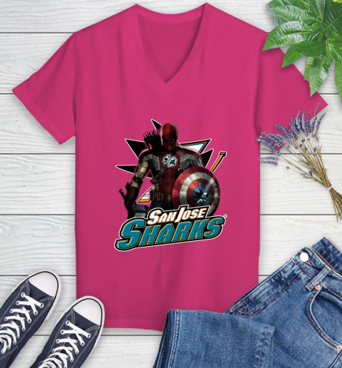 NHL Captain America Thor Spider Man Hawkeye Avengers Endgame Hockey San Jose Sharks Women's V-Neck T-Shirt 9
