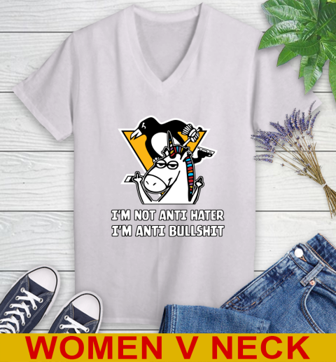 Pittsburgh Penguins NHL Hockey Unicorn I'm Not Anti Hater I'm Anti Bullshit Women's V-Neck T-Shirt