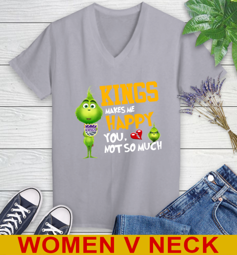 NBA Sacramento Kings Makes Me Happy You Not So Much Grinch Basketball Sports Women's V-Neck T-Shirt 4