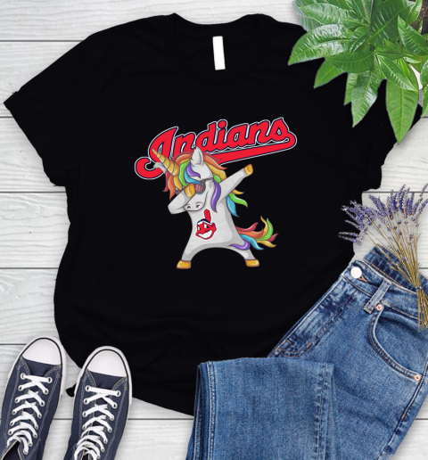 Cleveland Indians MLB Baseball Funny Unicorn Dabbing Sports Women's T-Shirt 2