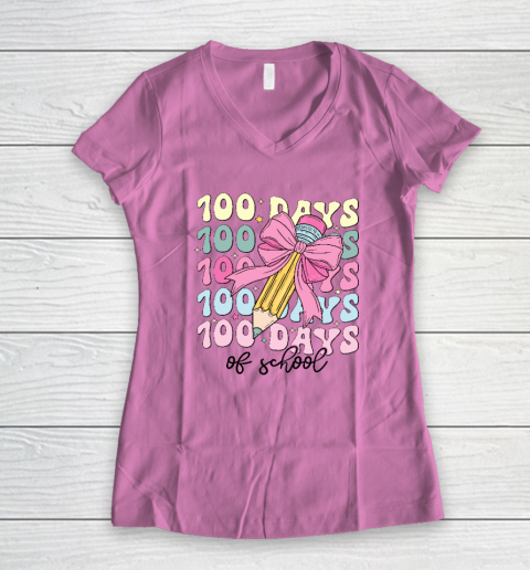 100 Days of School Girls Coquette Bow 100th Day of School Women's V-Neck T-Shirt 6