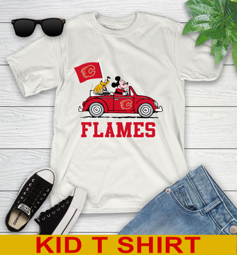 NHL Hockey Calgary Flames Pluto Mickey Driving Disney Shirt Youth T-Shirt