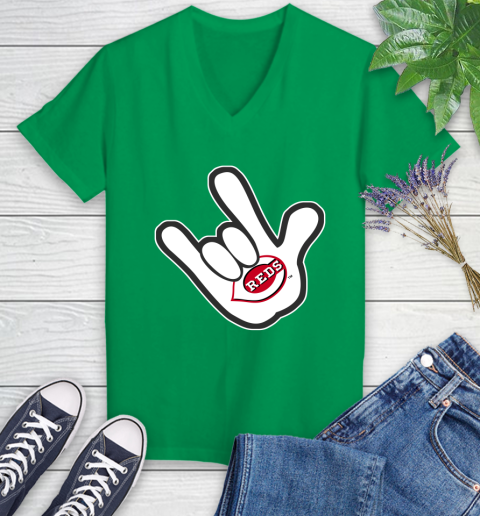 Cincinnati Reds MLB Baseball Mickey Rock Hand Disney Women's V-Neck T-Shirt 5