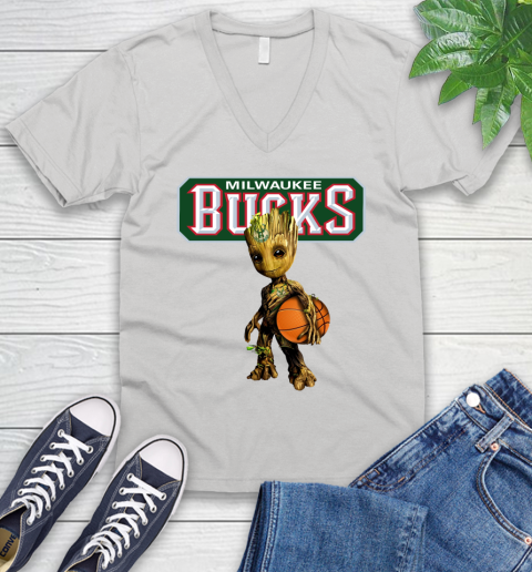 Milwaukee Bucks NBA Basketball Groot Marvel Guardians Of The Galaxy V-Neck T-Shirt
