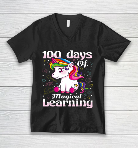 100th Day of School Unicorn T Shirt Girls 100 Days of School V-Neck T-Shirt