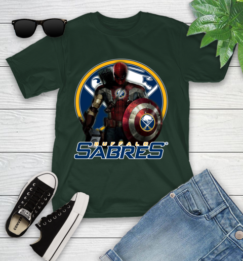 NHL Captain America Thor Spider Man Hawkeye Avengers Endgame Hockey Buffalo Sabres Youth T-Shirt 5