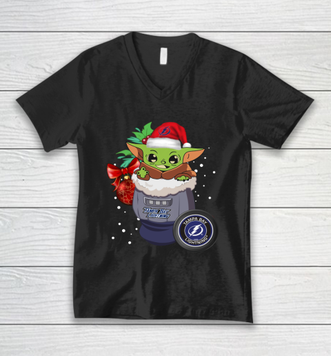 Tampa Bay Lightning Christmas Baby Yoda Star Wars Funny Happy NHL V-Neck T-Shirt