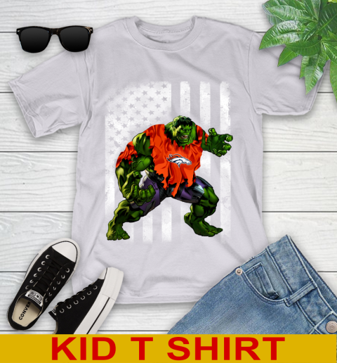 Denver Broncos Hulk Marvel Avengers NFL Football American Flag Youth T-Shirt 4