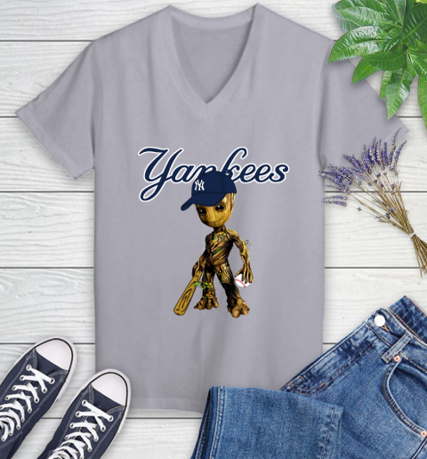 MLB New York Yankees Groot Guardians Of The Galaxy Baseball Women's V-Neck T-Shirt 4