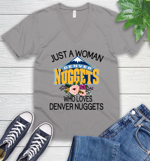 NBA Just A Woman Who Loves Denver Nuggets Basketball Sports V-Neck T-Shirt 2