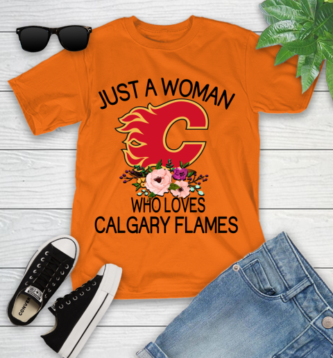 NHL Just A Woman Who Loves Calgary Flames Hockey Sports Youth T-Shirt 4