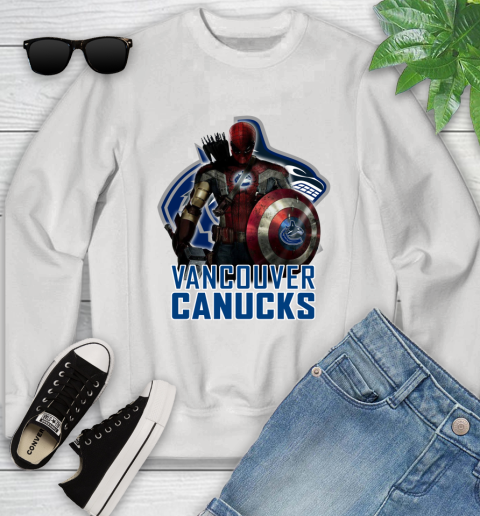 NHL Captain America Thor Spider Man Hawkeye Avengers Endgame Hockey Vancouver Canucks Youth Sweatshirt