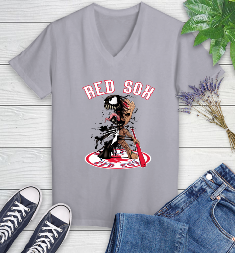 MLB Boston Red Sox Baseball Venom Groot Guardians Of The Galaxy Women's V-Neck T-Shirt 4