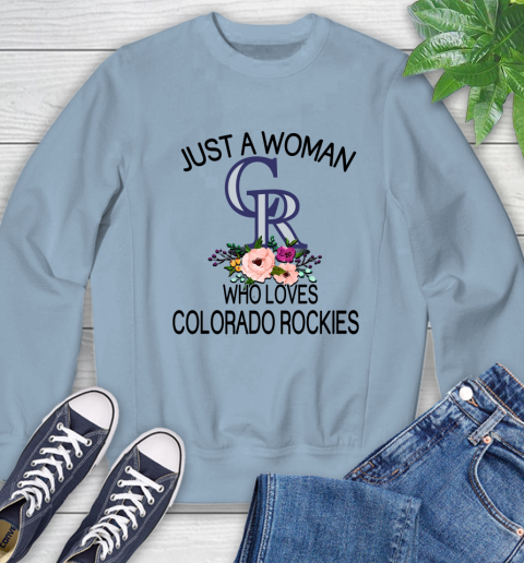MLB Just A Woman Who Loves Colorado Rockies Baseball Sports Sweatshirt 5