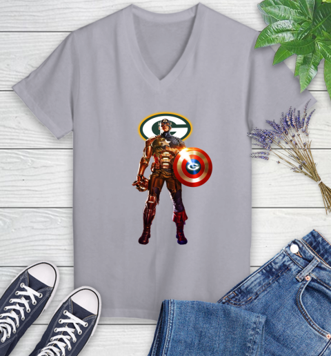 NFL Captain America Marvel Avengers Endgame Football Sports Green Bay Packers Women's V-Neck T-Shirt 4
