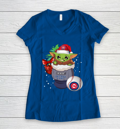 Chicago Cubs Christmas Baby Yoda Star Wars Funny Happy MLB Women's V-Neck T-Shirt 9