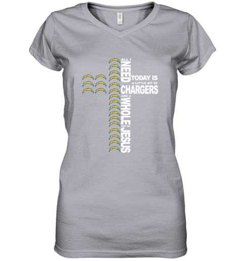 NFL All I Need Today Is A Little Bit Of Los Angeles Chargers And A Whole Lot Of Jesus Football LmEZu4O96zY women v neck t shirt 39 95 151514 front sport grey