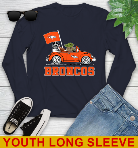 NFL Football Denver Broncos Darth Vader Baby Yoda Driving Star Wars Shirt Youth Long Sleeve 3