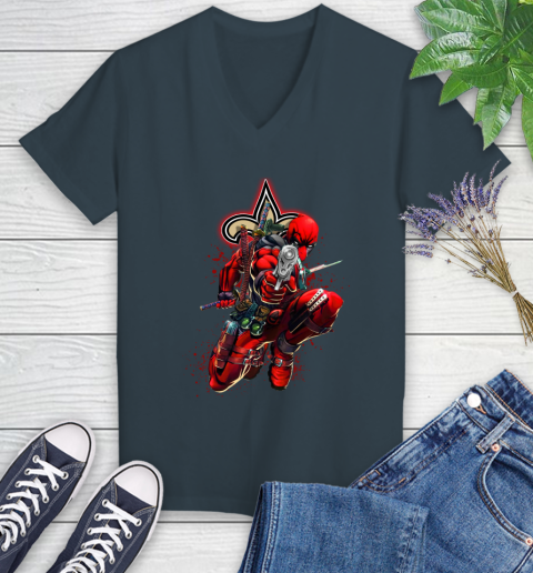 NFL Deadpool Marvel Comics Sports Football New Orleans Saints Women's V-Neck T-Shirt 8