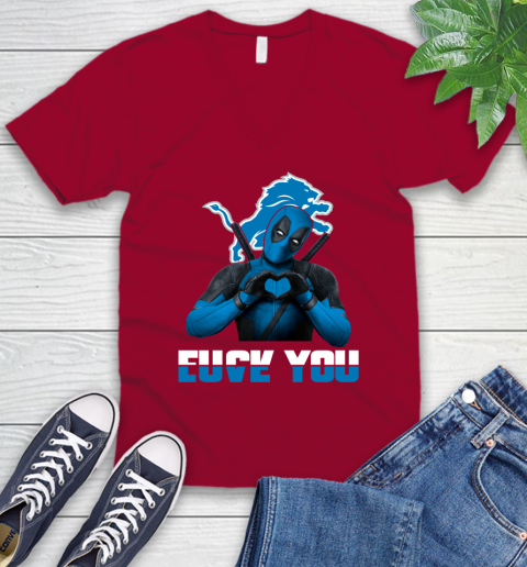 NHL Detroit Lions Deadpool Love You Fuck You Football Sports V-Neck T-Shirt 7