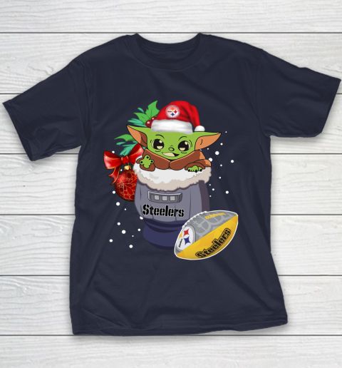 Pittsburgh Steelers Christmas Baby Yoda Star Wars Funny Happy NFL Youth T-Shirt 4