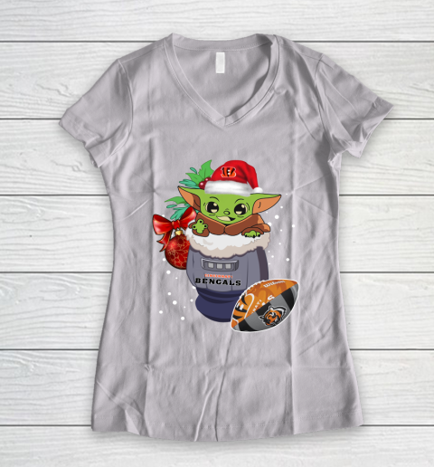 Cincinnati Bengals Christmas Baby Yoda Star Wars Funny Happy NFL Women's V-Neck T-Shirt 2
