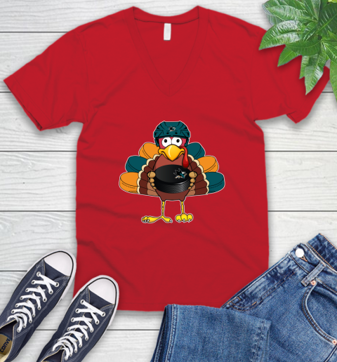 San Jose Sharks Turkey Thanksgiving Day V-Neck T-Shirt 7