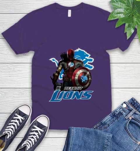 NFL Captain America Thor Spider Man Hawkeye Avengers Endgame Football Detroit Lions V-Neck T-Shirt 10