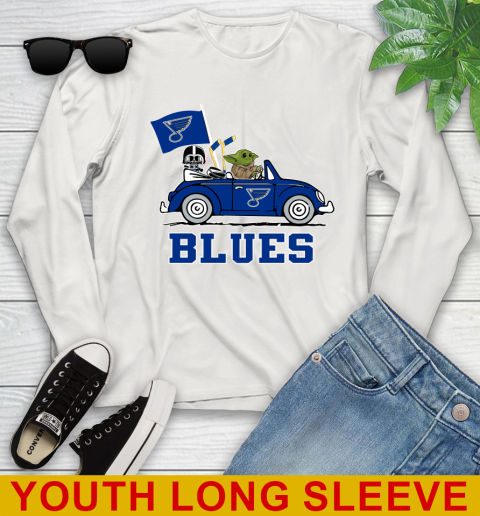NHL Hockey St.Louis Blues Darth Vader Baby Yoda Driving Star Wars Shirt Youth Long Sleeve 12