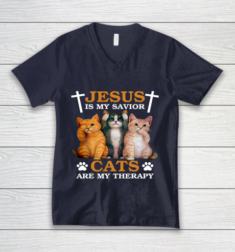 Jesus is My Savior Cat are My Therapy Christians Cat Lover V-Neck T-Shirt 2