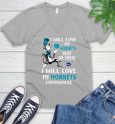 NBA Basketball Charlotte Hornets I Will Love My Hornets Everywhere Dr Seuss Shirt V-Neck T-Shirt 3