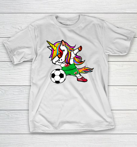 Funny Dabbing Unicorn Wales Football Welsh Flag Soccer T-Shirt
