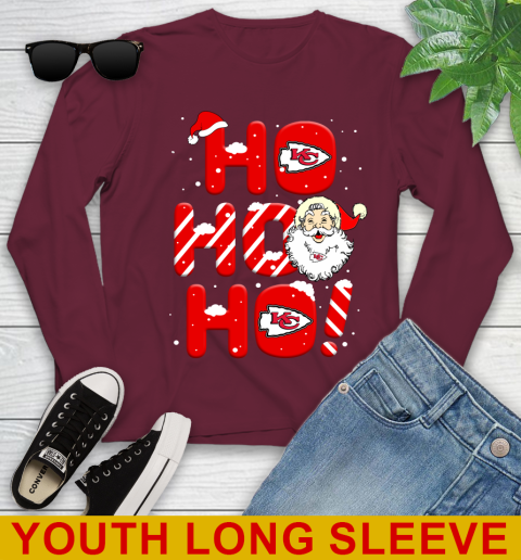 Kansas City Chiefs NFL Football Ho Ho Ho Santa Claus Merry Christmas Shirt Youth Long Sleeve 6