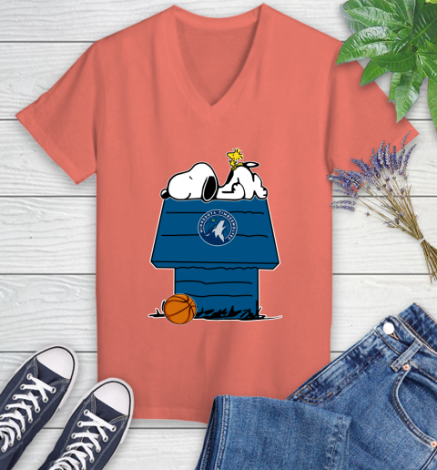Minnesota Timberwolves NBA Basketball Snoopy Woodstock The Peanuts Movie Women's V-Neck T-Shirt 6