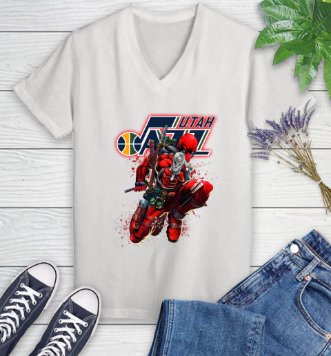 NBA Deadpool Marvel Comics Sports Basketball Utah Jazz Women's V-Neck T-Shirt