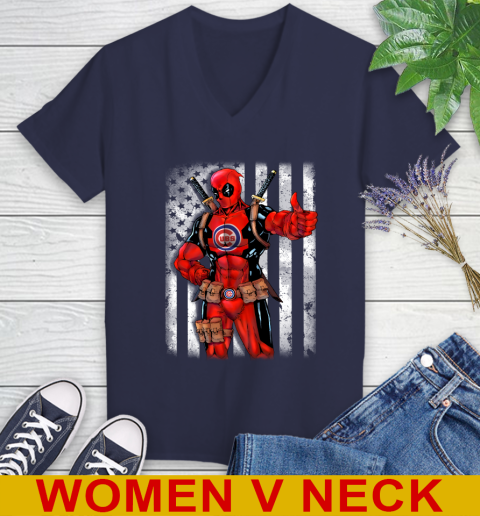 MLB Baseball Chicago Cubs Deadpool American Flag Shirt Women's V-Neck T-Shirt - Image 13