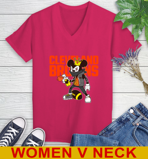 Cleveland Browns NFL Football Mickey Peace Sign Sports Women's V-Neck T-Shirt 10