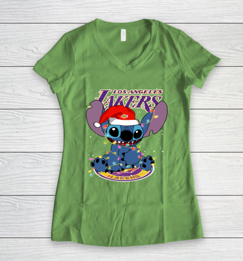 Los Angeles Lakers NBA noel stitch Basketball Christmas Women's V-Neck T-Shirt 5