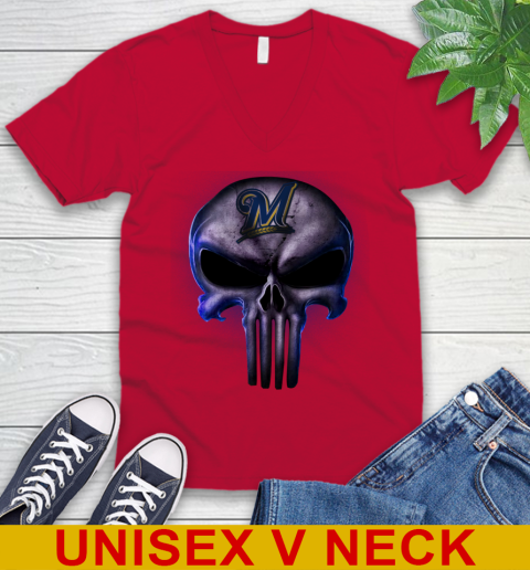 Milwaukee Brewers MLB Baseball Punisher Skull Sports V-Neck T-Shirt 6