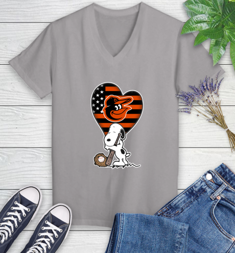 Baltimore Orioles MLB Baseball The Peanuts Movie Adorable Snoopy Women's V-Neck T-Shirt 4