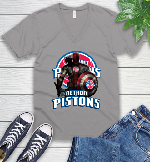 Detroit Pistons NBA Basketball Captain America Thor Spider Man Hawkeye Avengers V-Neck T-Shirt 4