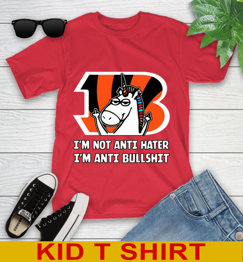 Cincinnati Bengals NFL Football Unicorn I'm Not Anti Hater I'm Anti Bullshit Youth T-Shirt 10