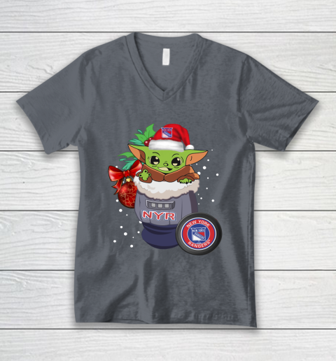 New York Rangers Christmas Baby Yoda Star Wars Funny Happy NHL V-Neck T-Shirt 5