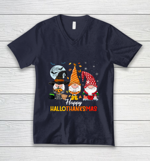 Gnomes Halloween And Merry Christmas Happy Hallothanksmas V-Neck T-Shirt 2