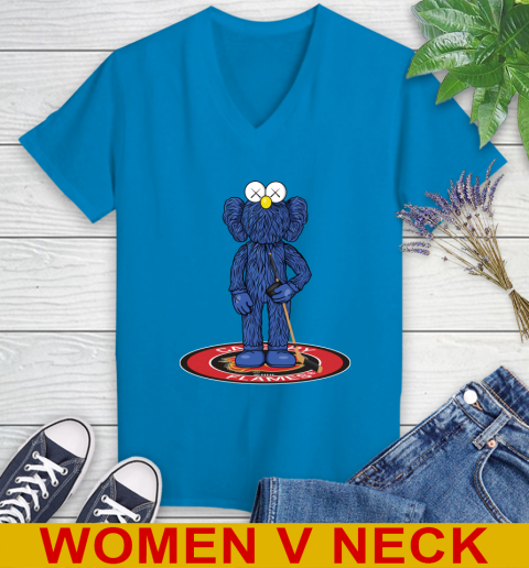 NHL Hockey Calgary Flames Kaws Bff Blue Figure Shirt Women's V-Neck T-Shirt 8