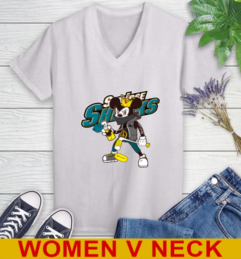 San Jose Sharks NHL Hockey Mickey Peace Sign Sports Women's V-Neck T-Shirt