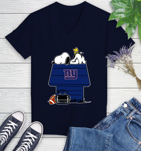New York Giants NFL Football Snoopy Woodstock The Peanuts Movie Women's V-Neck T-Shirt 3
