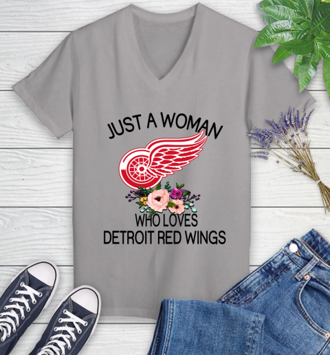 NHL Just A Woman Who Loves Detroit Red Wings Hockey Sports Women's V-Neck T-Shirt 2